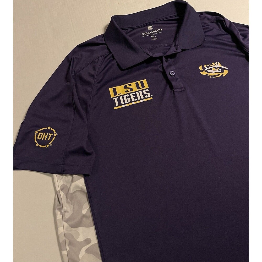 LSU Tigers NCAA Camo Military Purple Polo Shirt 2XL Football College Logo Flag